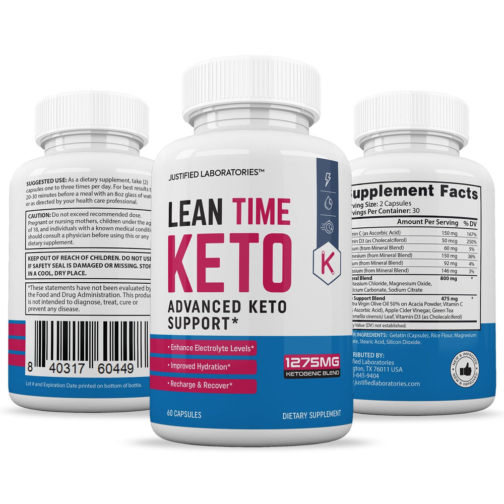 Usage scene showing Lean Time Keto capsules with water, suggesting pre-meal timing.