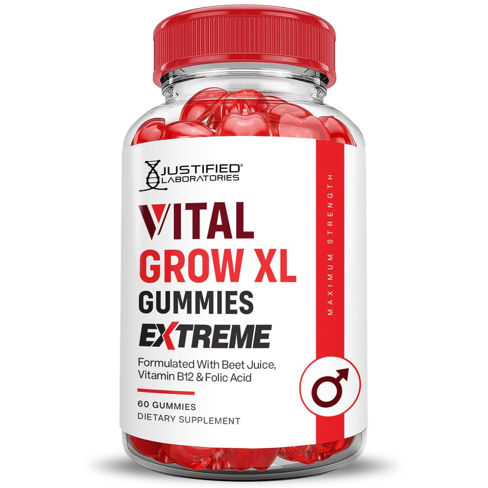 Justified Laboratories Vital Grow XL Extreme bottle label highlights vegan, non-GMO, and gluten-free qualities.