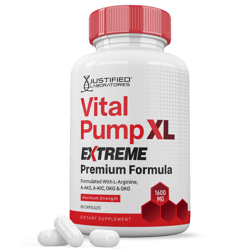 Justified Laboratories Vital Pump XL Extreme bottle front view for daily wellness support.
