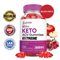 Justified Laboratories Bliss Keto ACV Gummies ingredients jar closeup; highlights pomegranate beet juice and B12.