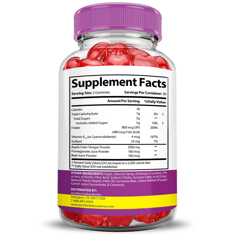 Justified Laboratories gummies packaging shows vegan, non-GMO, gluten-free indicators.