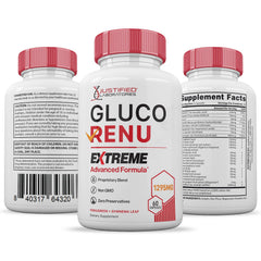 Gluco Renu Extreme bottle on counter with water for easy routine.