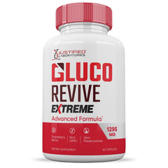 Justified Laboratories Gluco Revive Extreme ingredients panel highlights turmeric, berberine, resveratrol, and more.