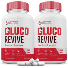 Justified Laboratories Gluco Revive bottle for daily wellness support.