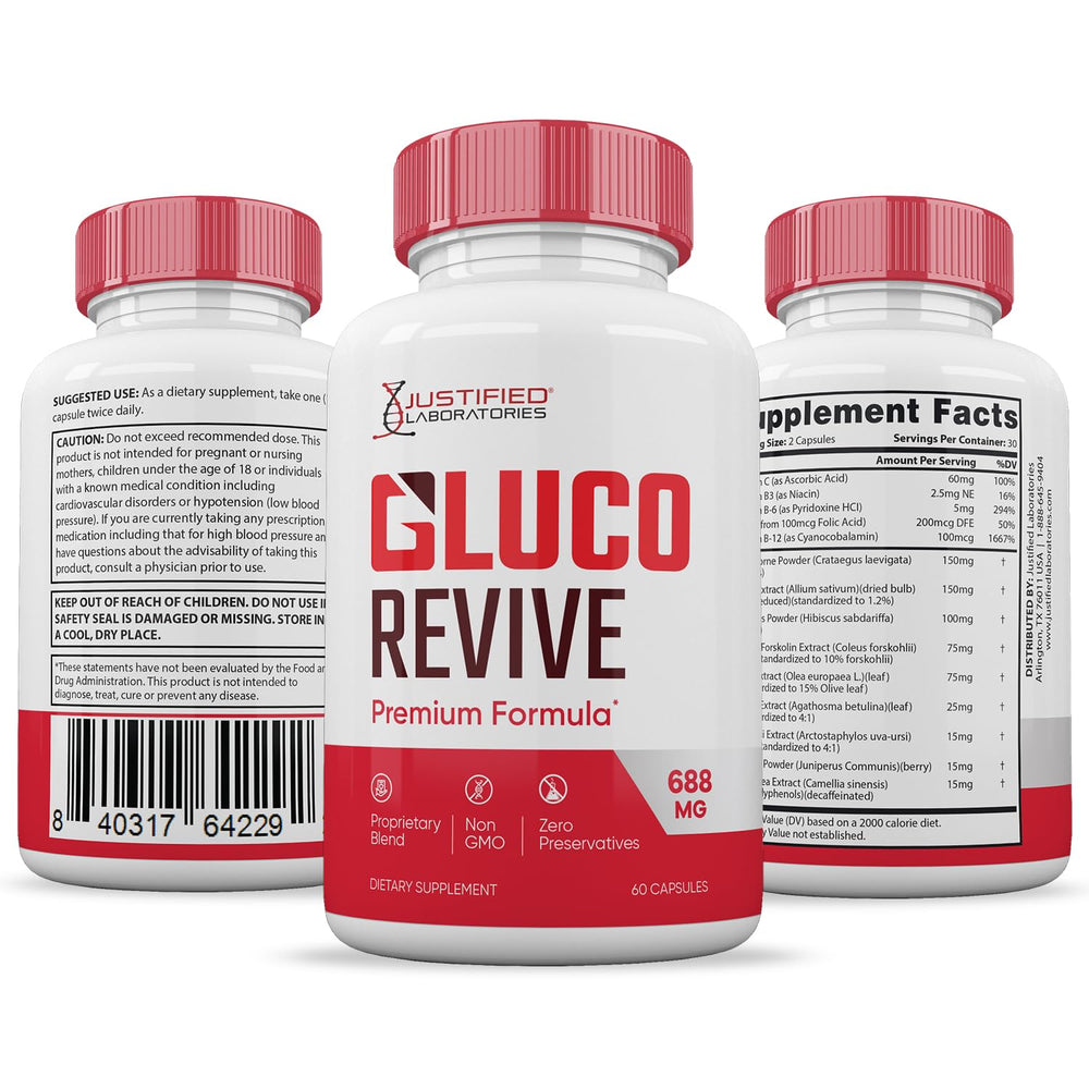 Justified Laboratories Gluco Revive box front signaling premium formula for healthy living