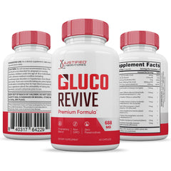 Justified Laboratories Gluco Revive pills two-pack display for consistency.