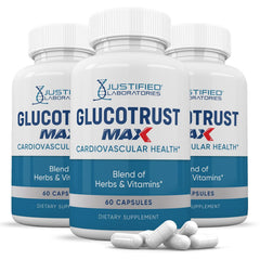 Justified Laboratories Glucotrust Max bottle front with three-pack for convenient daily supplementation