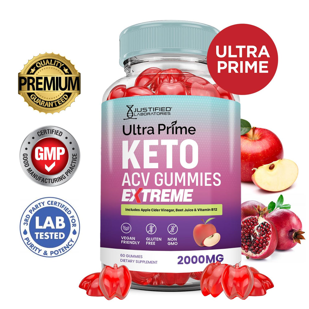 Justified Laboratories Ultra Prime Keto ACV Gummies bottle angle highlighting packaging