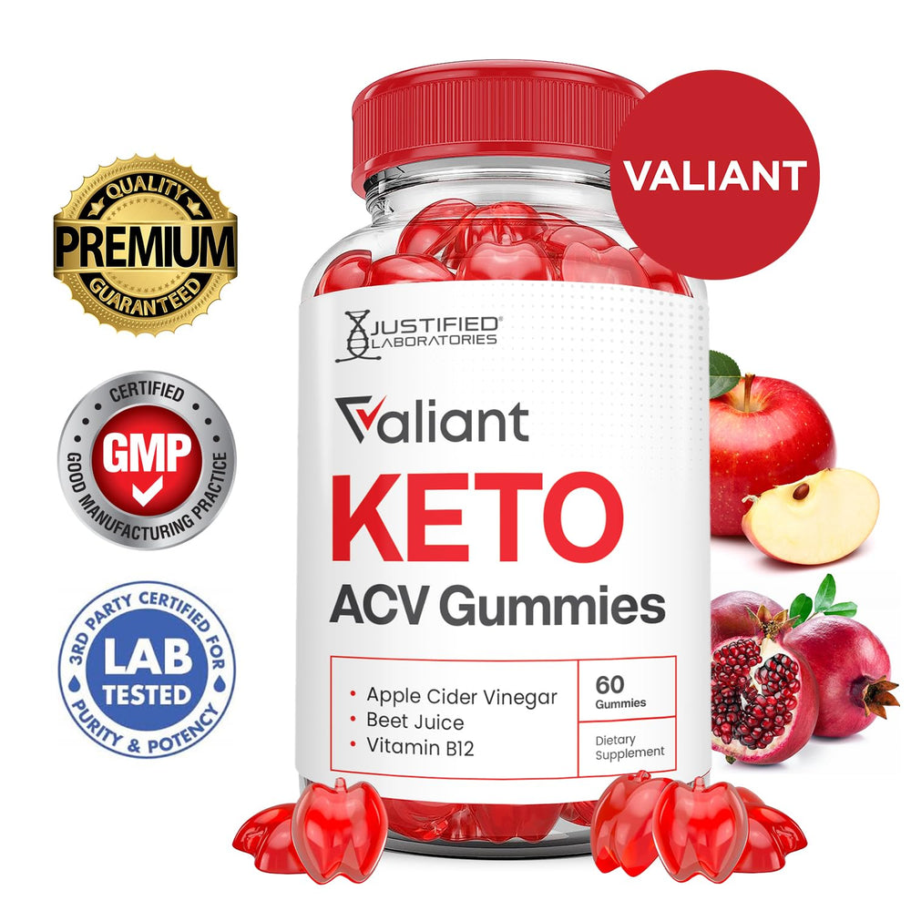 Justified Valiant Keto ACV Gummies label highlights beet juice and B12 for nutrient synergy.