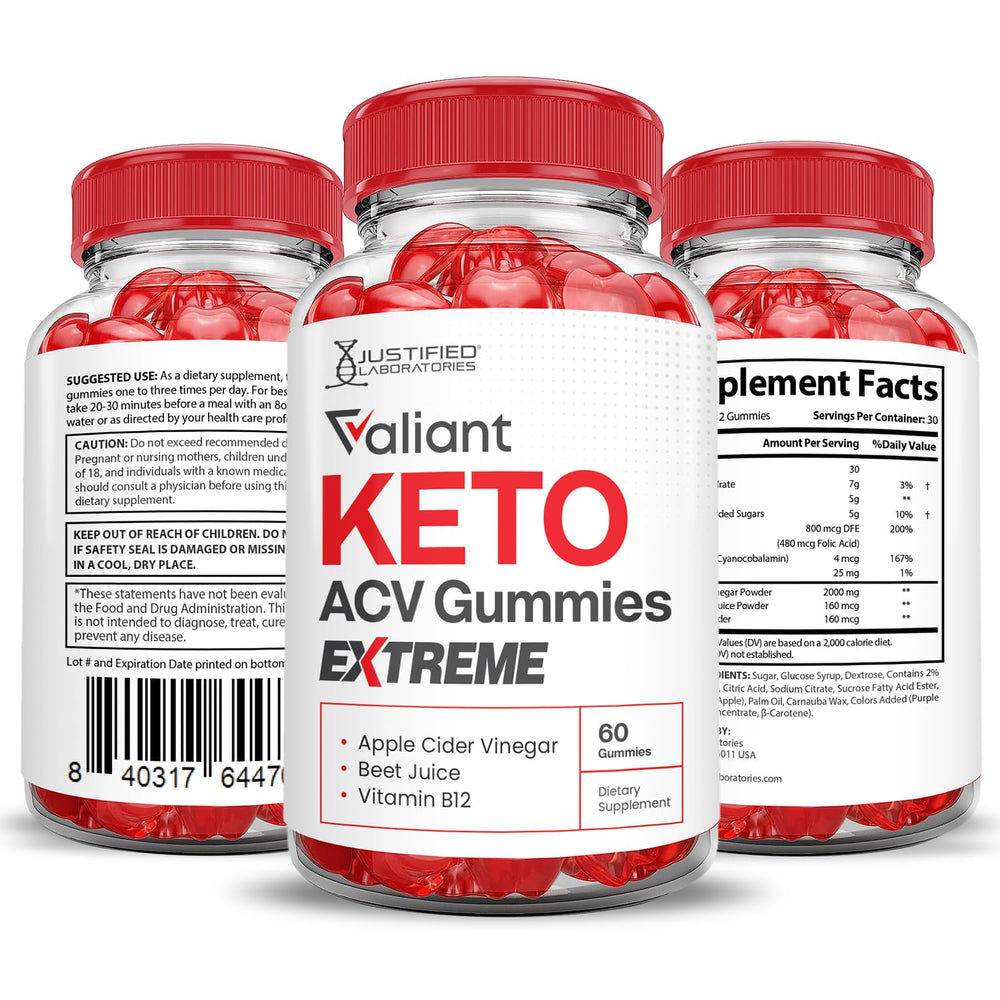 Justified Laboratories Valiant Keto ACV Gummies serving suggestion shows quick, tasty dosage.