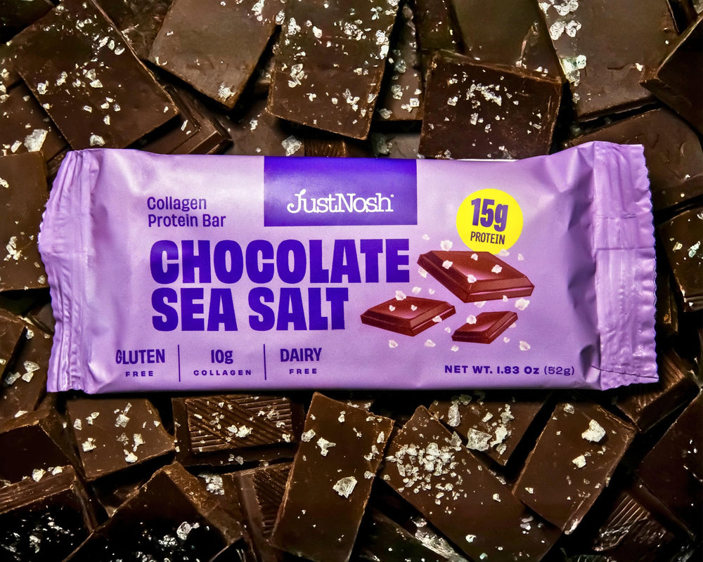 JUSTNOSH Chocolate Sea Salt Bar ingredients shown, a clean, simple snack option.
