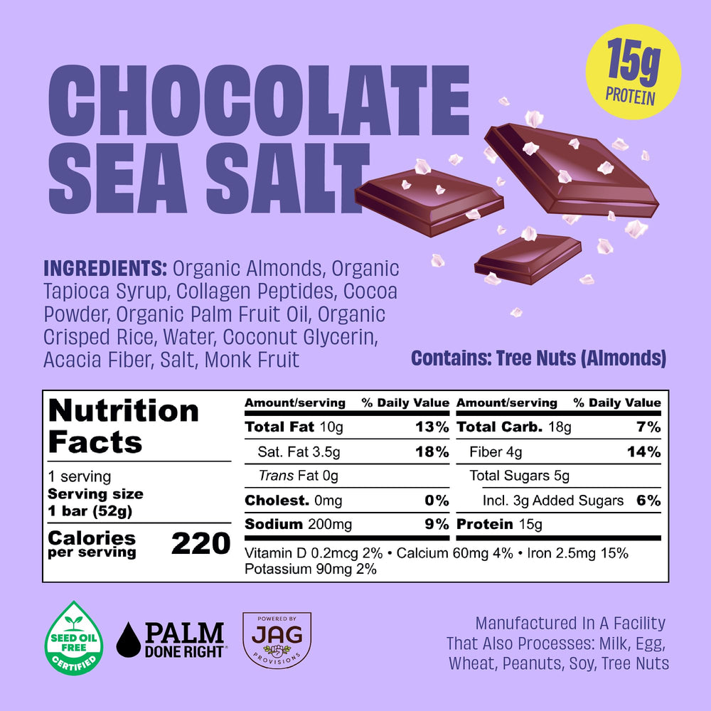 JUSTNOSH Chocolate Sea Salt Bar packaging emphasizes gluten-free, dairy-free, seed oil-free formula.