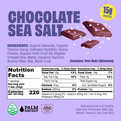JUSTNOSH Chocolate Sea Salt Bar packaging emphasizes gluten-free, dairy-free, seed oil-free formula.