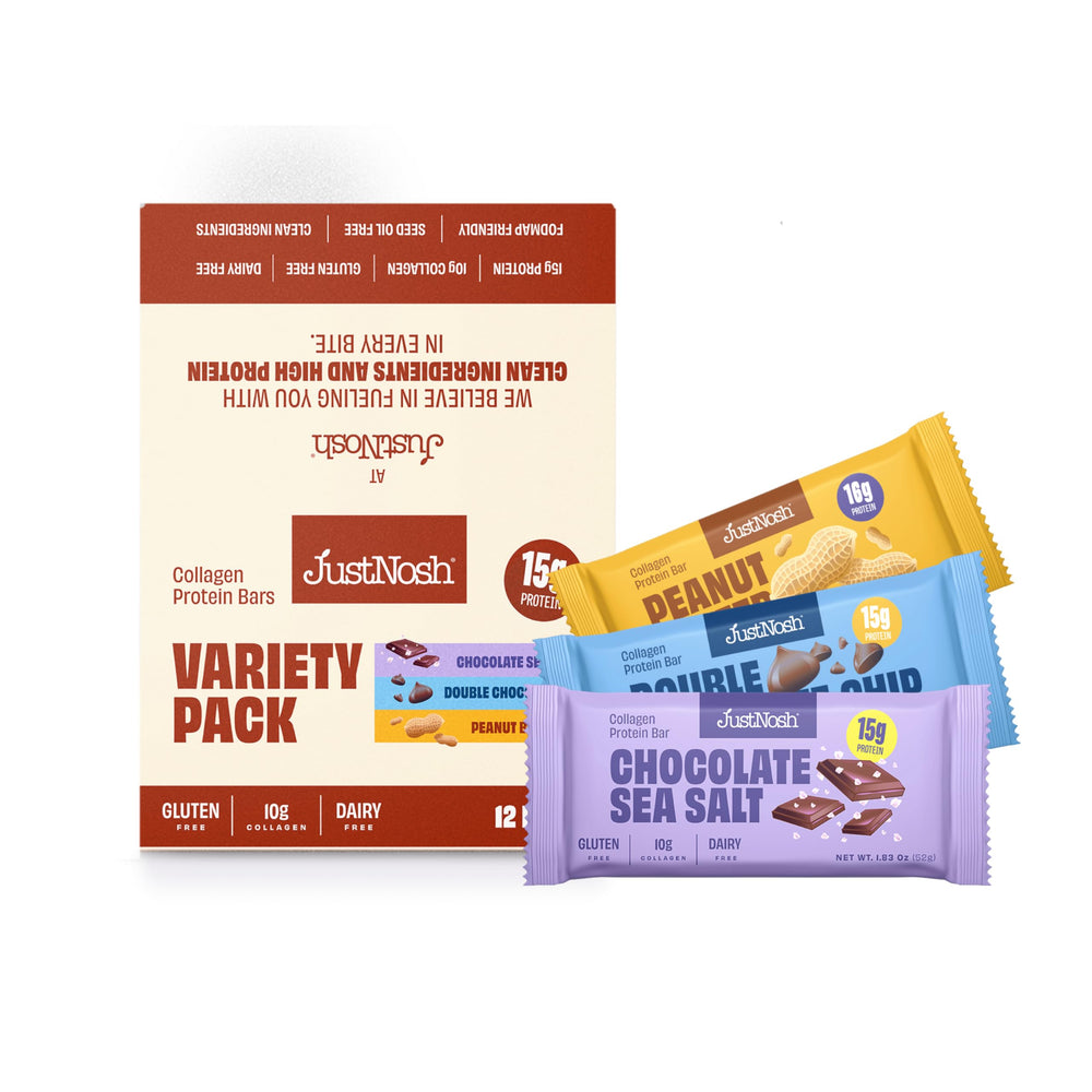 JUSTNOSH Chocolate Lovers Variety Pack box showing gluten-free and dairy-free nutrition