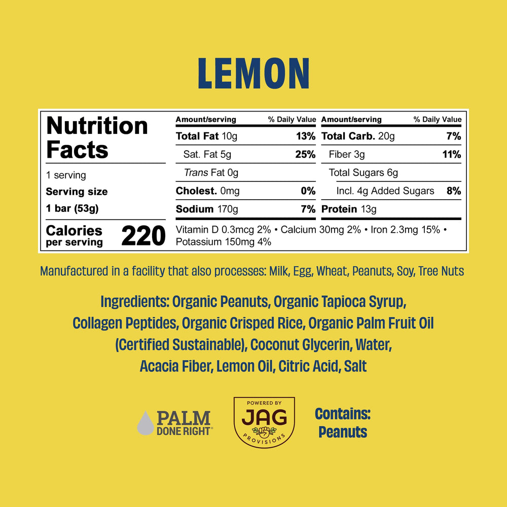 Close-up of ingredients on JUSTNOSH Lemon Collagen Bar showing gluten-free dairy-free formula