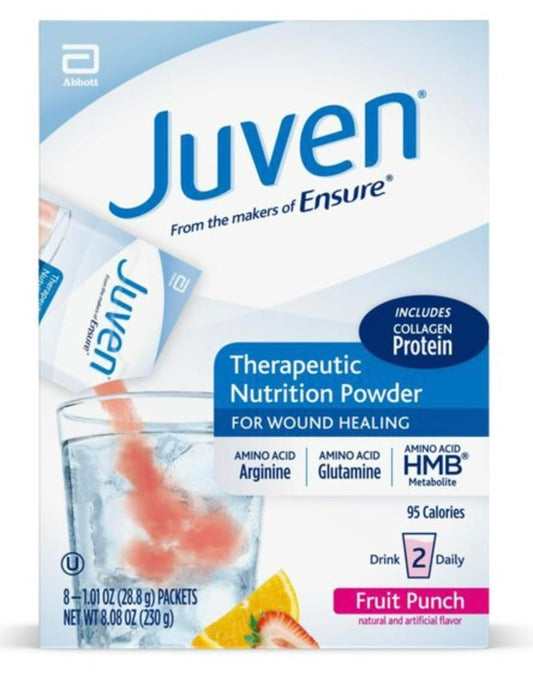 Juven therapeutic nutrition fruit punch tub packaging for wound support.