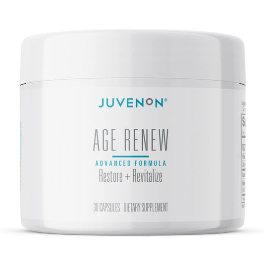 Juvenon AgeRenew beta glucan bottle highlighting immune support formula