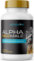 Juvenon Alpha Gold bottle on shelf for daily testosterone support.