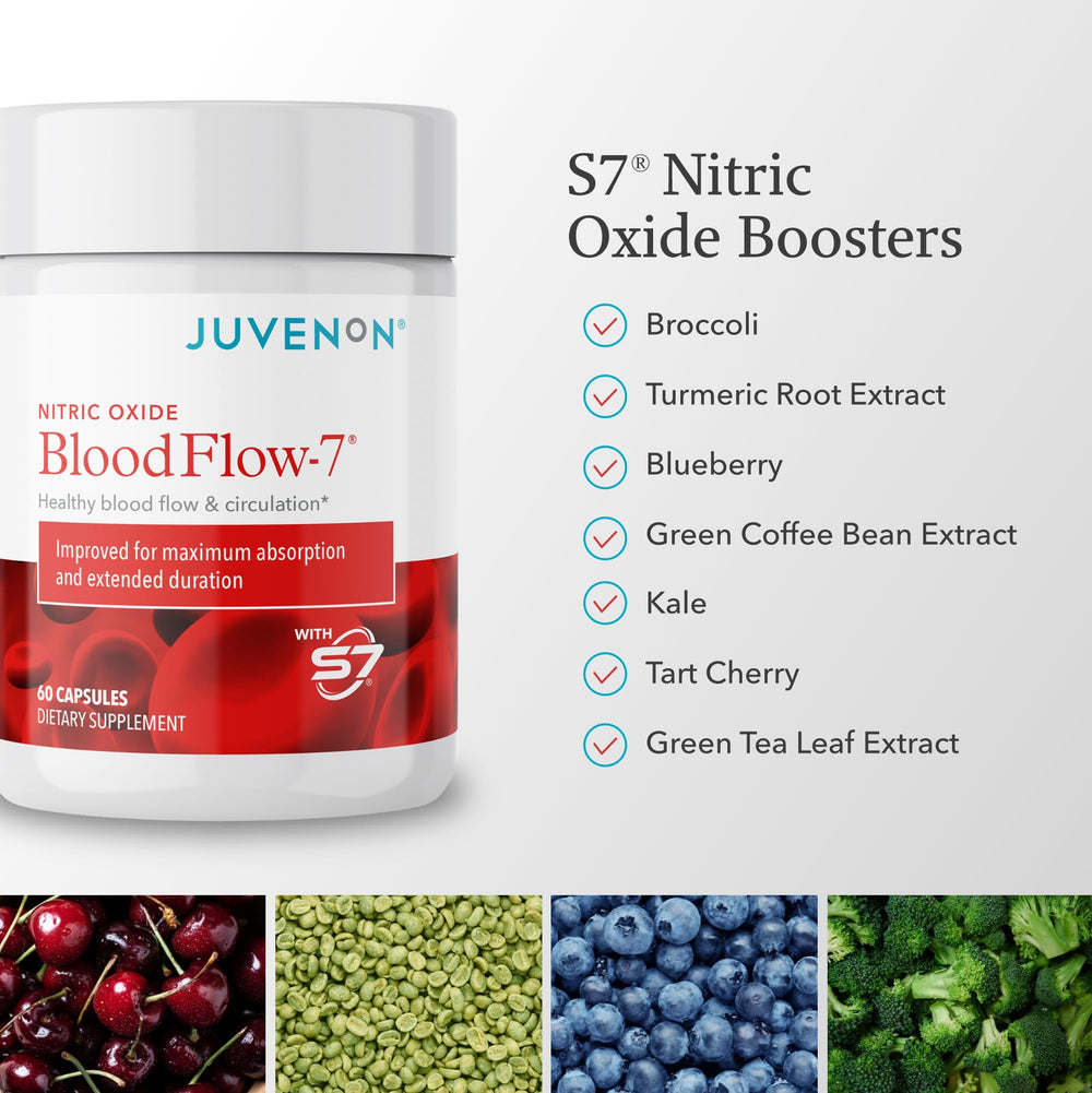 Juvenon BloodFlow-7 bottle side with dosage guidance.