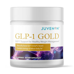 Juvenon GLP-1 Gold bottle ready for daily use and energy support