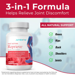 Close-up of the Juvenon Reprieve label emphasizing fast-acting joint comfort.