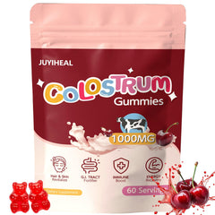 JUYIHEAL Colostrum Gummies bottle with 60 servings and cherry flavor for daily support.