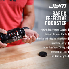 Alpha JYM ingredient panel graphic on label highlights the science-backed formula