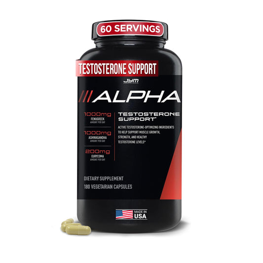 Alpha JYM Testosterone Support bottle shown with transparent label for clear dosing