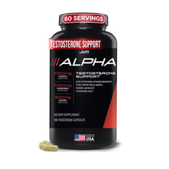 Alpha JYM Testosterone Support bottle shown with transparent label for clear dosing