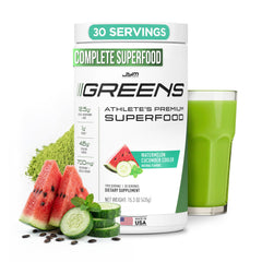 JYM Greens bottle pouring into a glass for daily nutrition support.