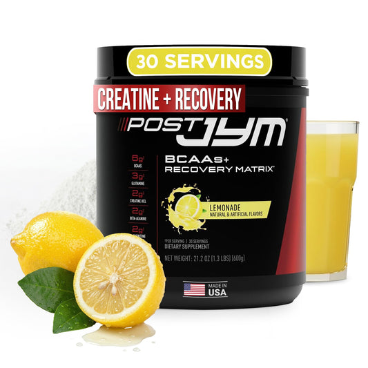JYM Post JYM Active Matrix amino recovery tub with label for post-workout support