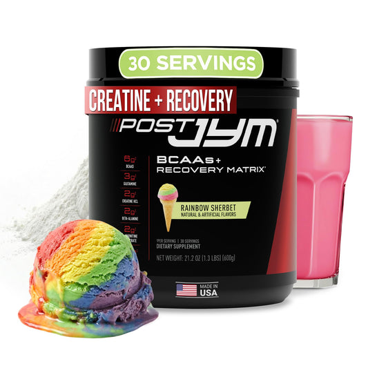 JYM Post JYM Active Matrix Rainbow Sherbet bottle shown for post‑workout recovery support.