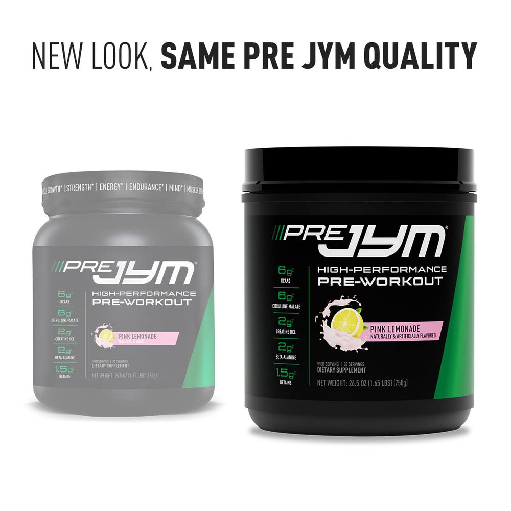 JYM Pre JYM Pink Lemonade tub label shows 30 servings.