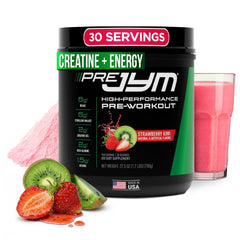 JYM Pre JYM Strawberry Kiwi powder bottle ready for pre-workout energy.