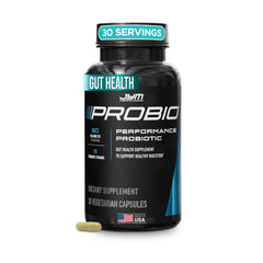 JYM ProBio bottle front showing the probiotic blend for daily digestive support.