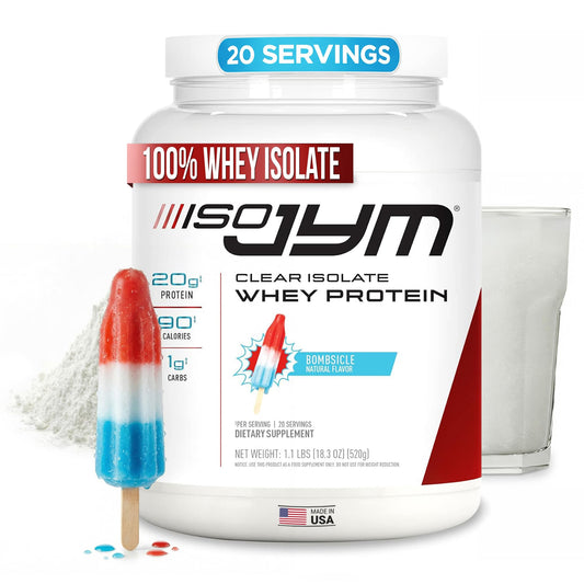 JYM Iso JYM Bombsicle bottle presents a refreshing high-protein drink with zero fat.