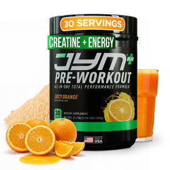 JYM Pre JYM Plus orange pre-workout powder bottle showing strong pumps and energy