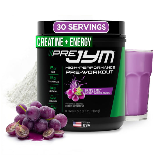 JYM Pre JYM grape candy tub ready to energize workouts with clear ingredient disclosure.