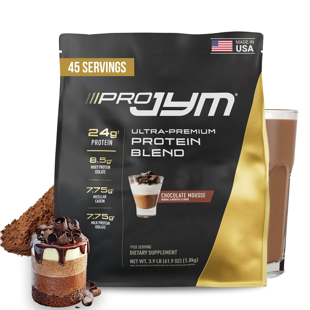 Pro JYM Chocolate Mousse tub highlights the protein blend for lean muscle support.