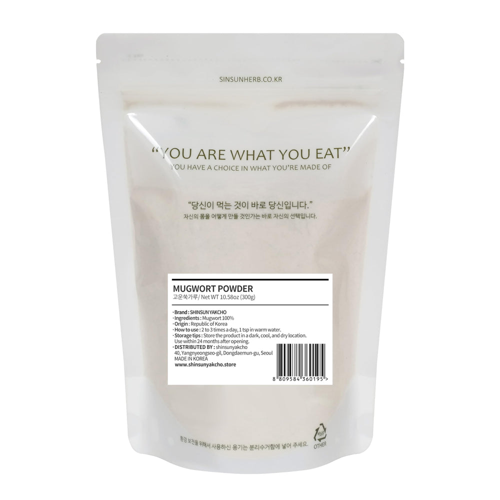 K-Herb mugwort powder closeup shows fine texture ideal for infusions