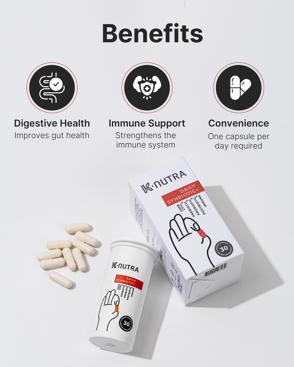 K-NUTRA Daily Synbiotic+ one daily capsule fits a busy lifestyle.