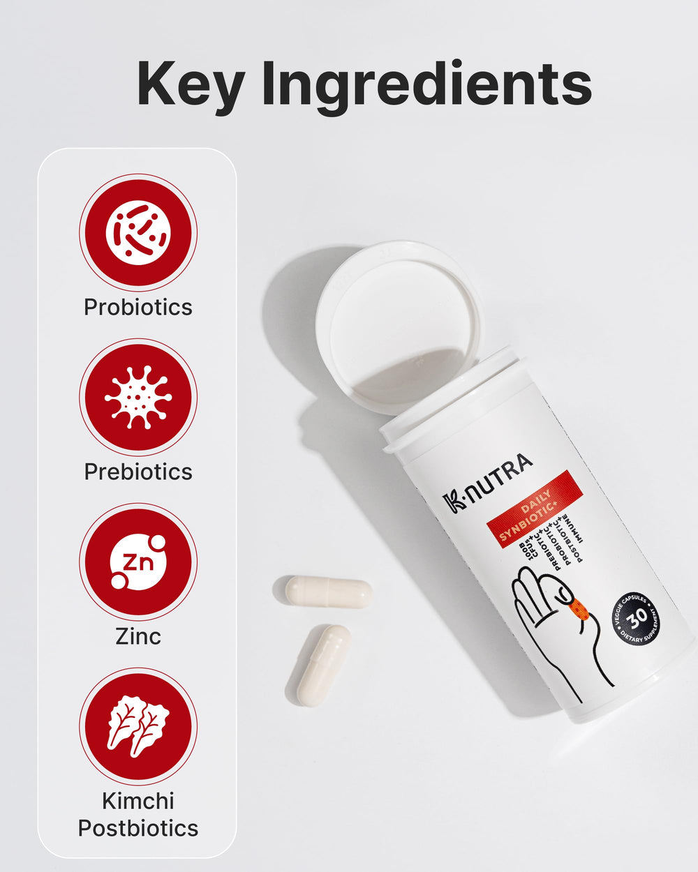 K-NUTRA Daily Synbiotic+ kimchi-derived postbiotics support gut microbiome.