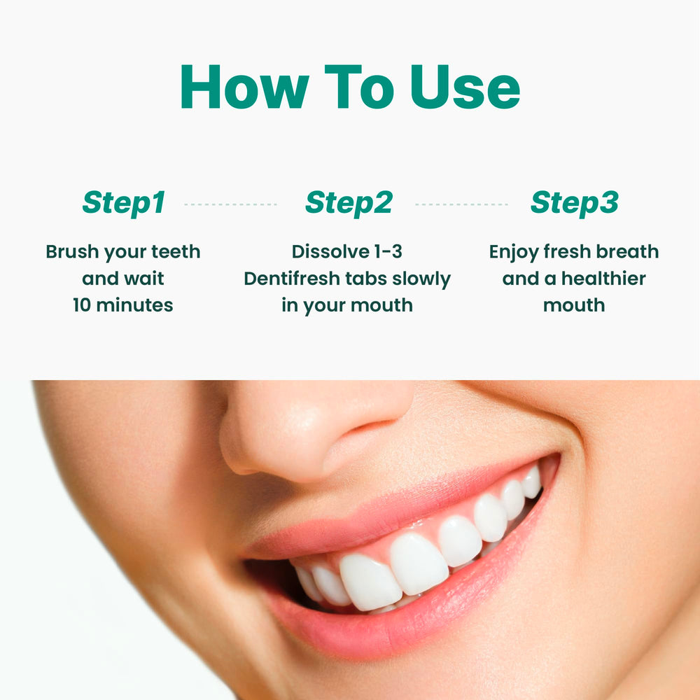 Open dentifresh mint pack showing tablet ready to dissolve for bedtime routine.