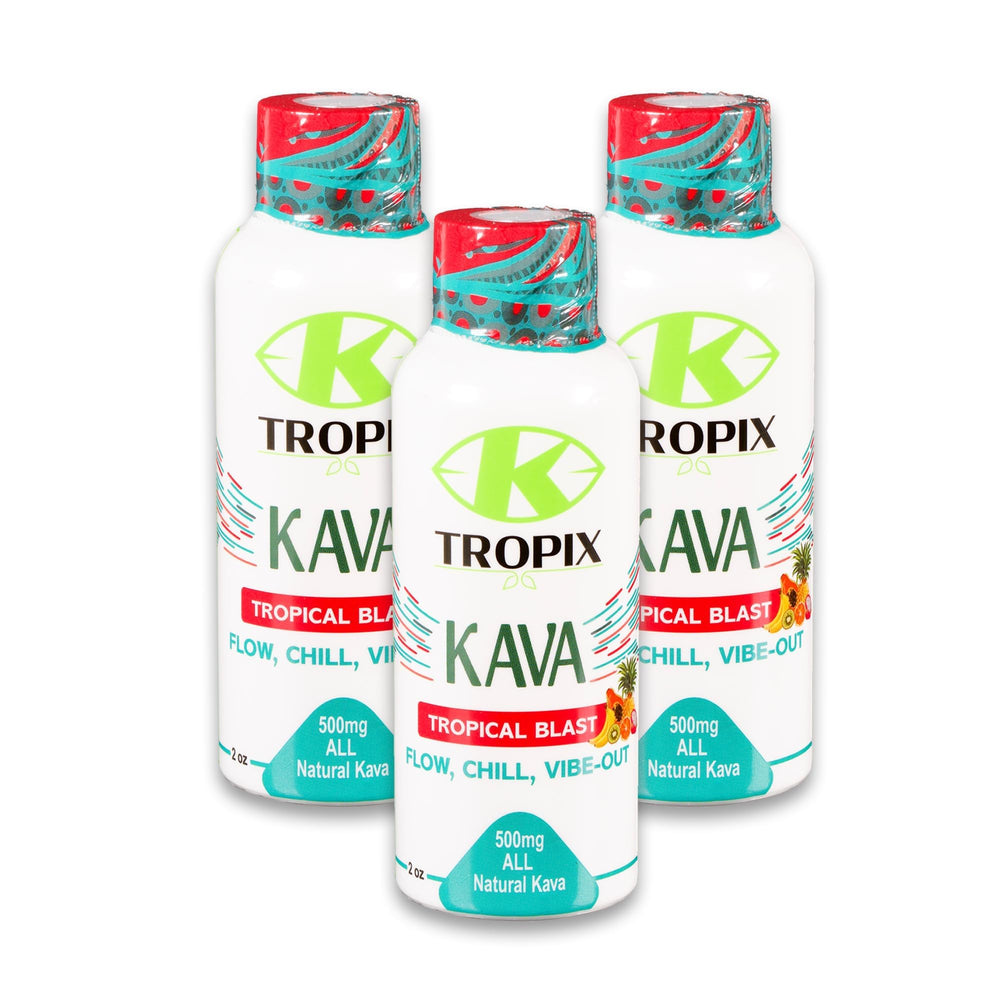 K Tropix Kava Shot Tropical Blast bottle for convenient, on-the-go relaxation.