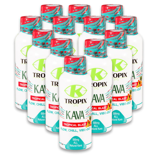 K Tropix Kava Shot Tropical Blast bottle on desk for calm relaxation