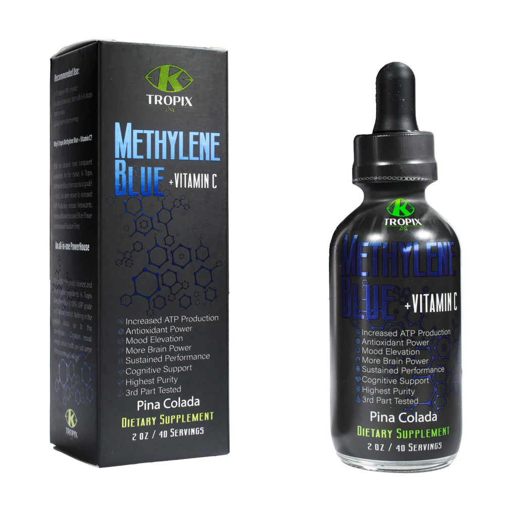 K TROPIX methylene blue bottle pour highlights high-purity drops for daily use.