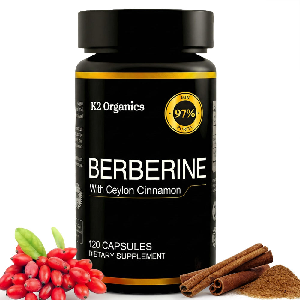 K2 Organics Berberine bottle showing easy daily capsules for convenient use.