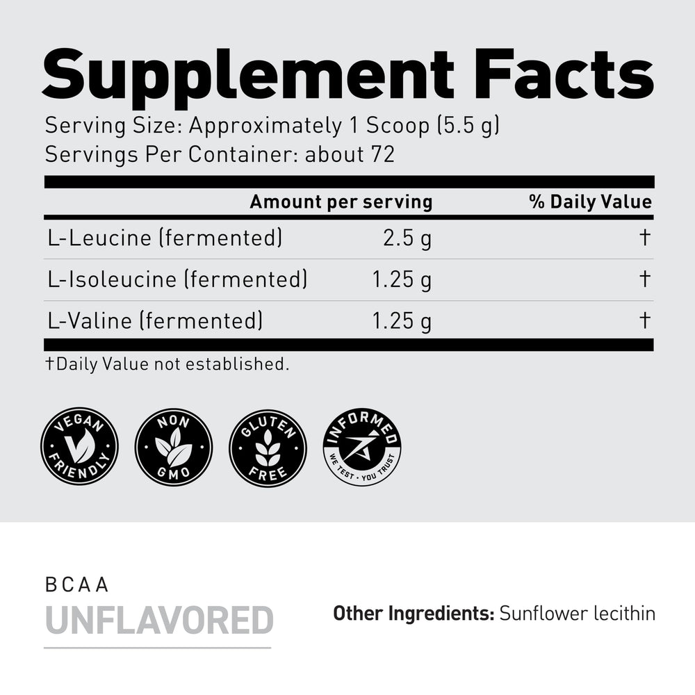 Kaged BCAAs unflavored powder container emphasizing additive-free formula.