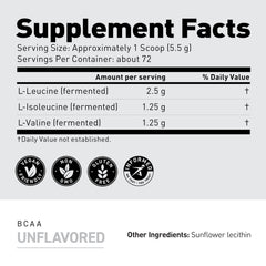 Kaged BCAAs unflavored powder container emphasizing additive-free formula.