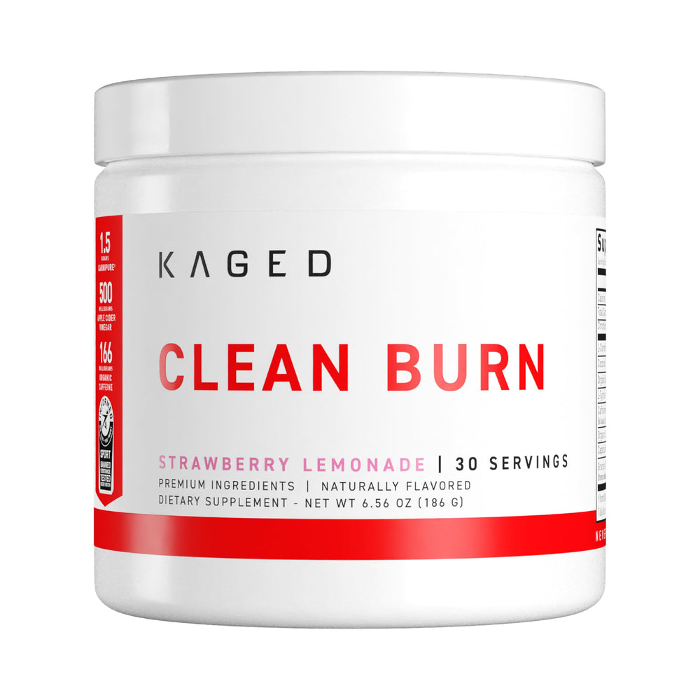 Kaged Clean Burn bottle front shows on-the-go energy-friendly packaging.